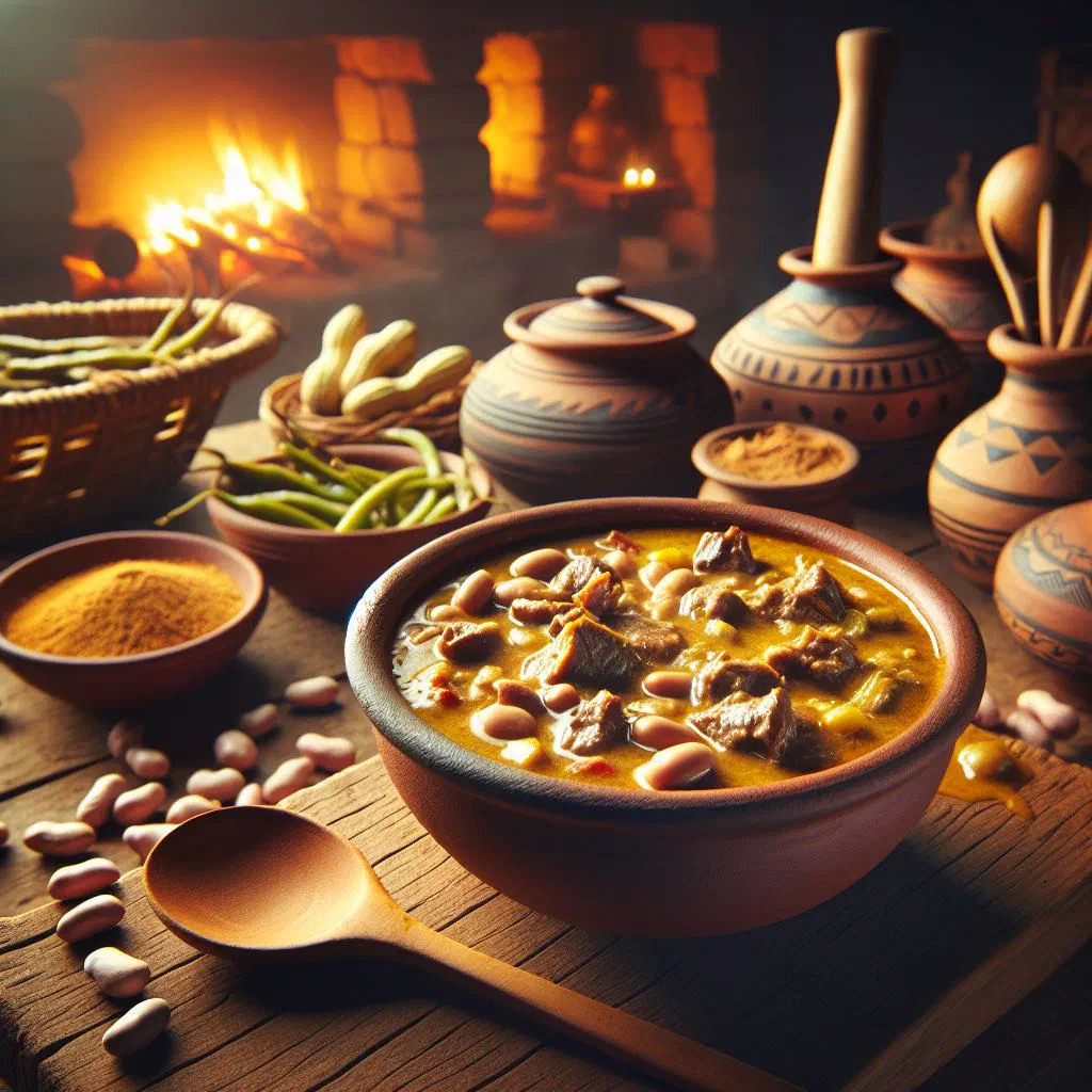 Bowl of Sudanese peanut butter stew garnished with fresh herbs