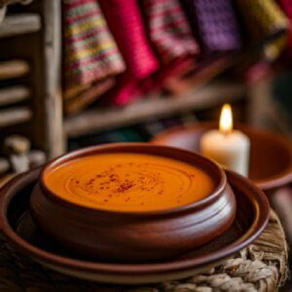 Creamy golden Sudanese pumpkin soup garnished with fresh herbs