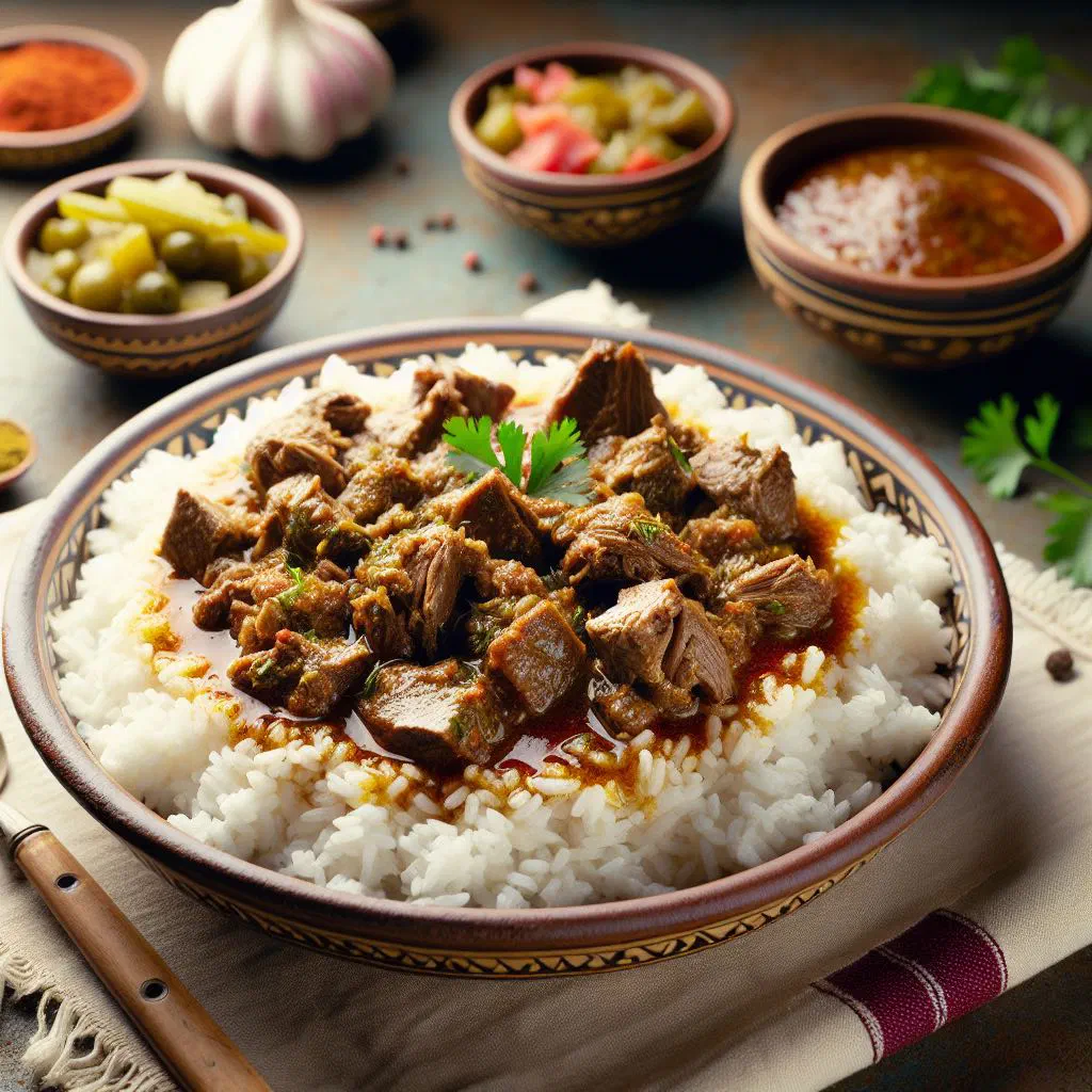 Sudanese rice and meat served on a bed of fluffy rice