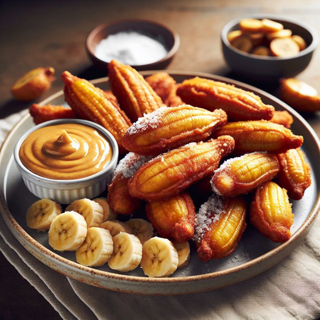 Golden fried banana fritters served with a peanut dipping sauce