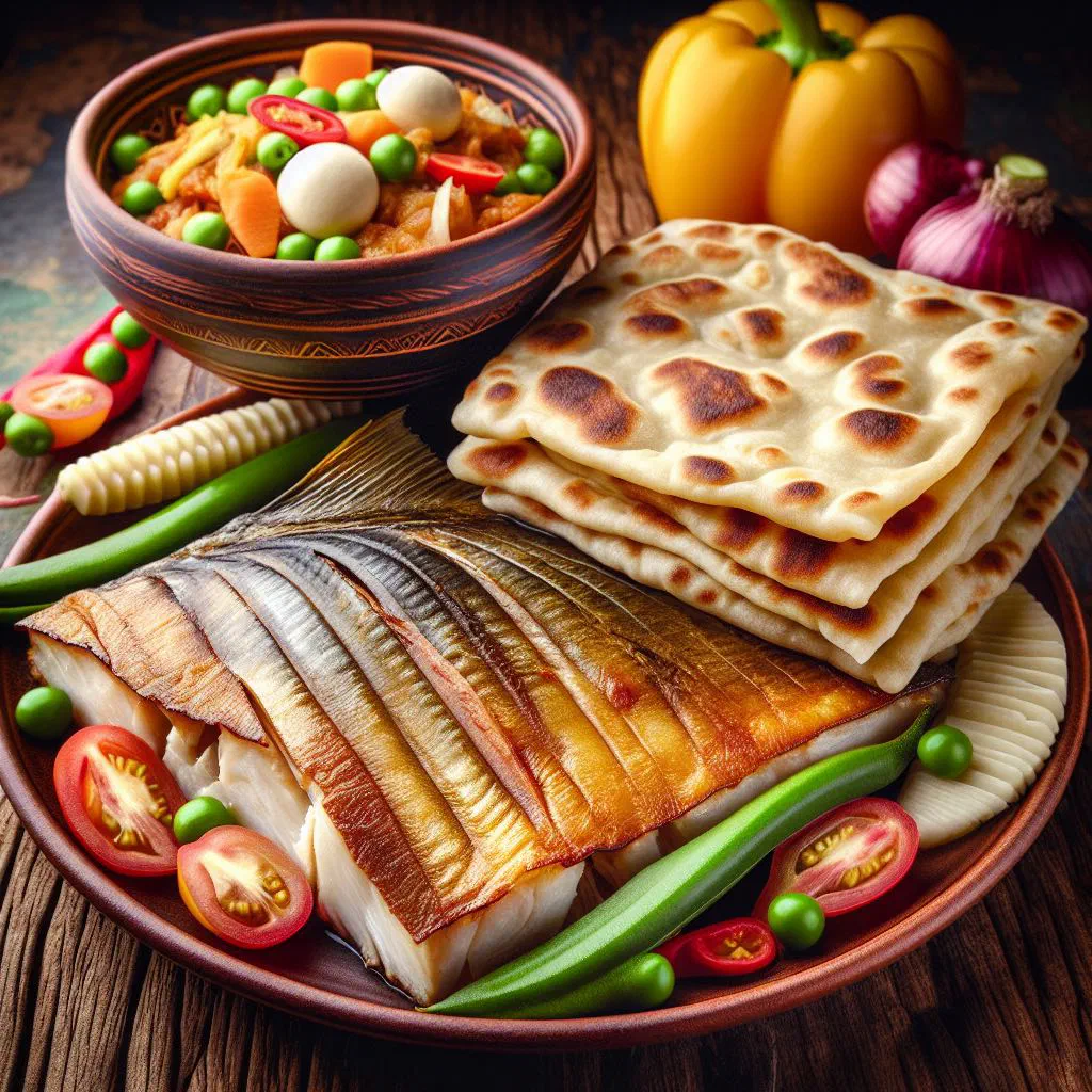 Fried salted cod with onions and chilli served with soft roti flatbread