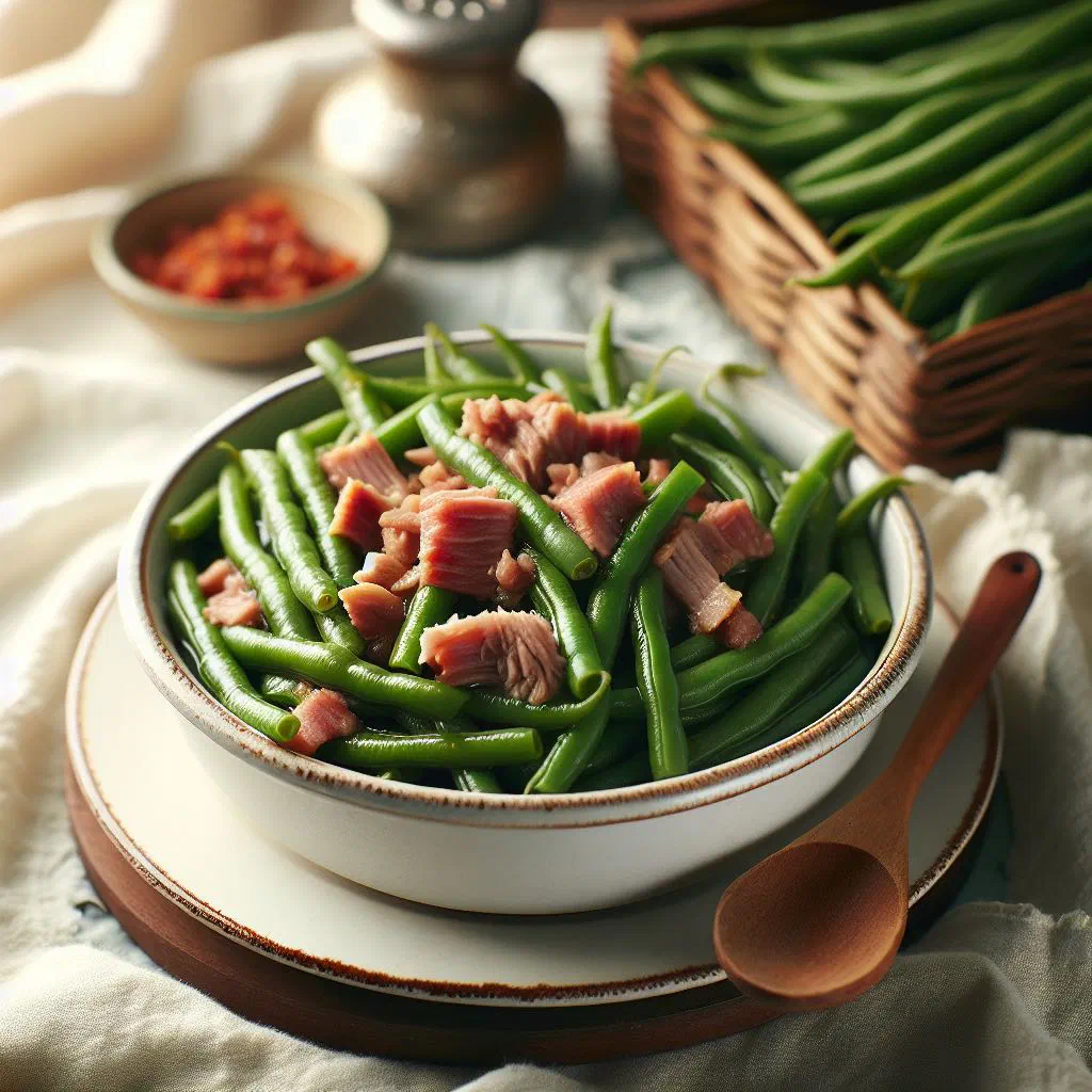 Surinamese green beans stewed with salted beef and peppers in a deep bowl