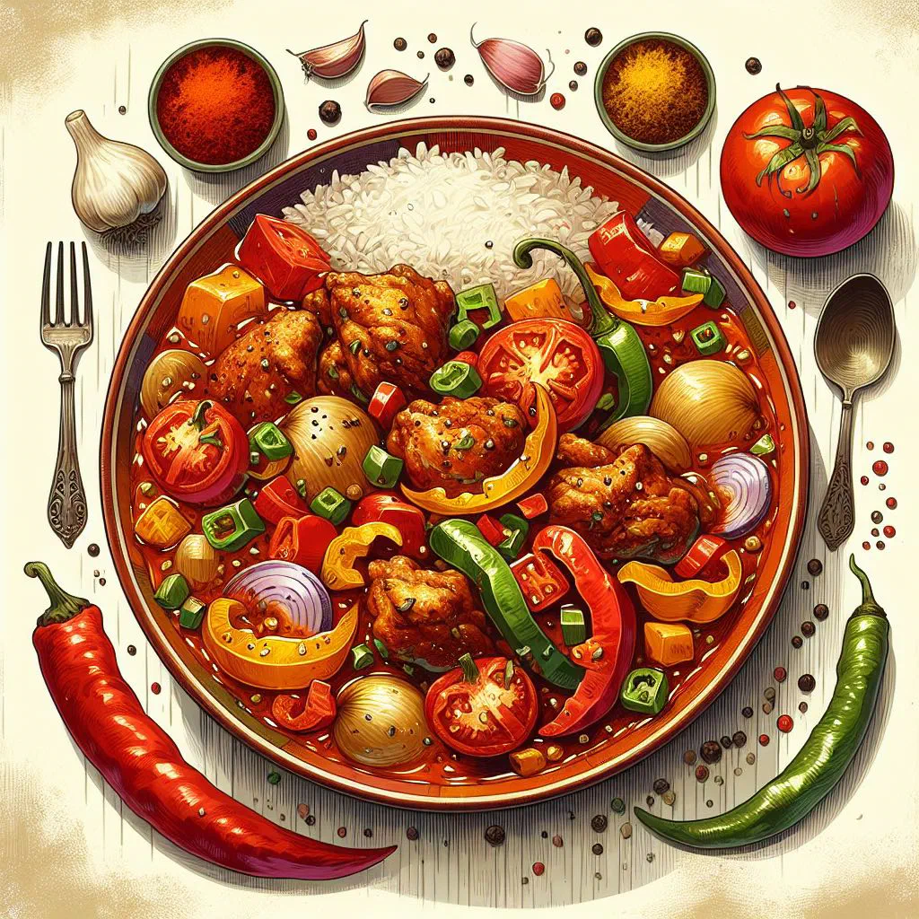 Surinamese Creole chicken with onions and peppers, garnished with fresh herbs