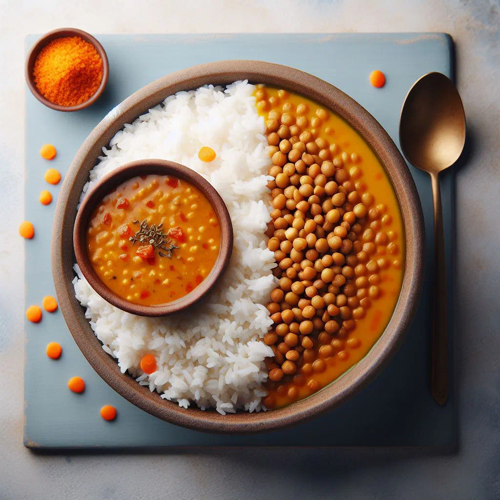 Bowl of spiced red lentil daal served with fluffy white rice and fresh coriander