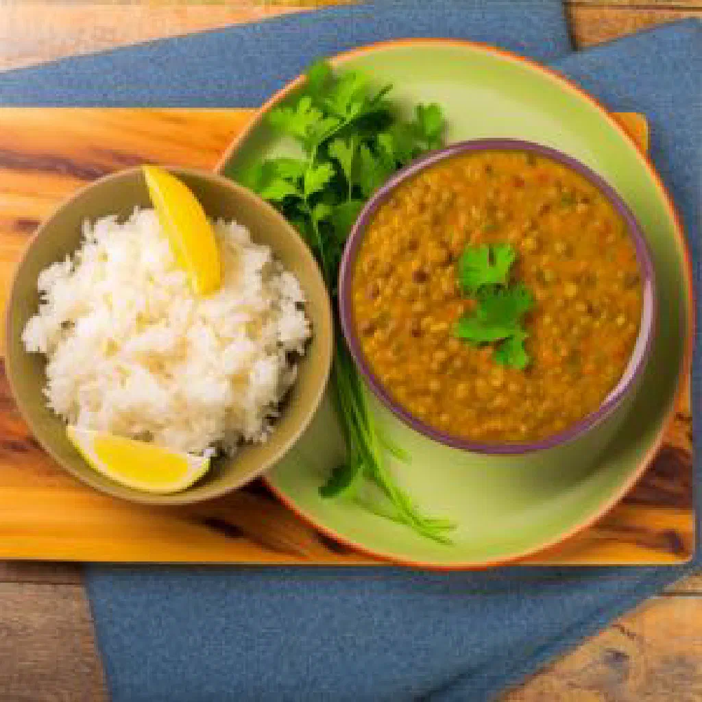 Bowl of Surinamese dahl garnished with fresh coriander and lime