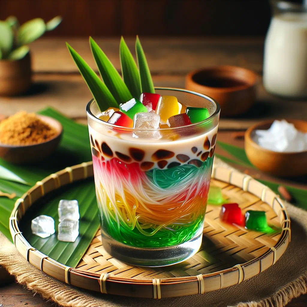 Tall glass of dawet with sweet rice, coconut milk and tropical fruit over ice