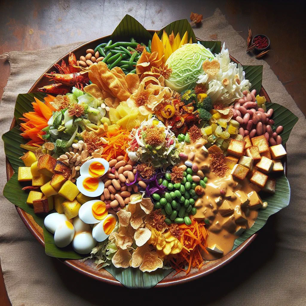 Gado gado with crisp vegetables, tofu and peanut sauce on a platter