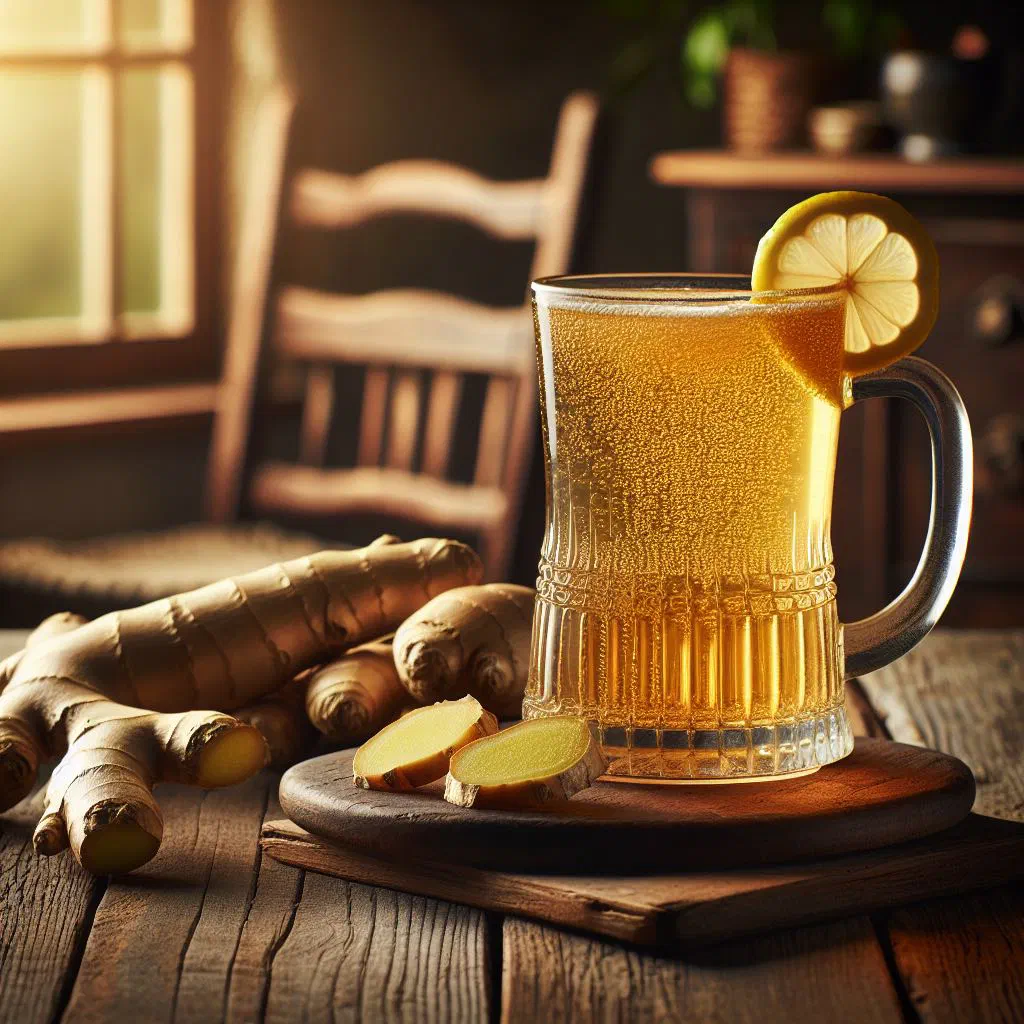 Chilled Surinamese ginger beer in a glass with ice and lemon slices