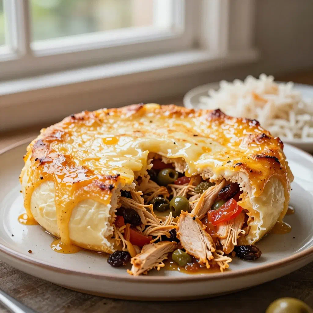 Baked keshi yena with a golden cheese crust and savoury meat filling