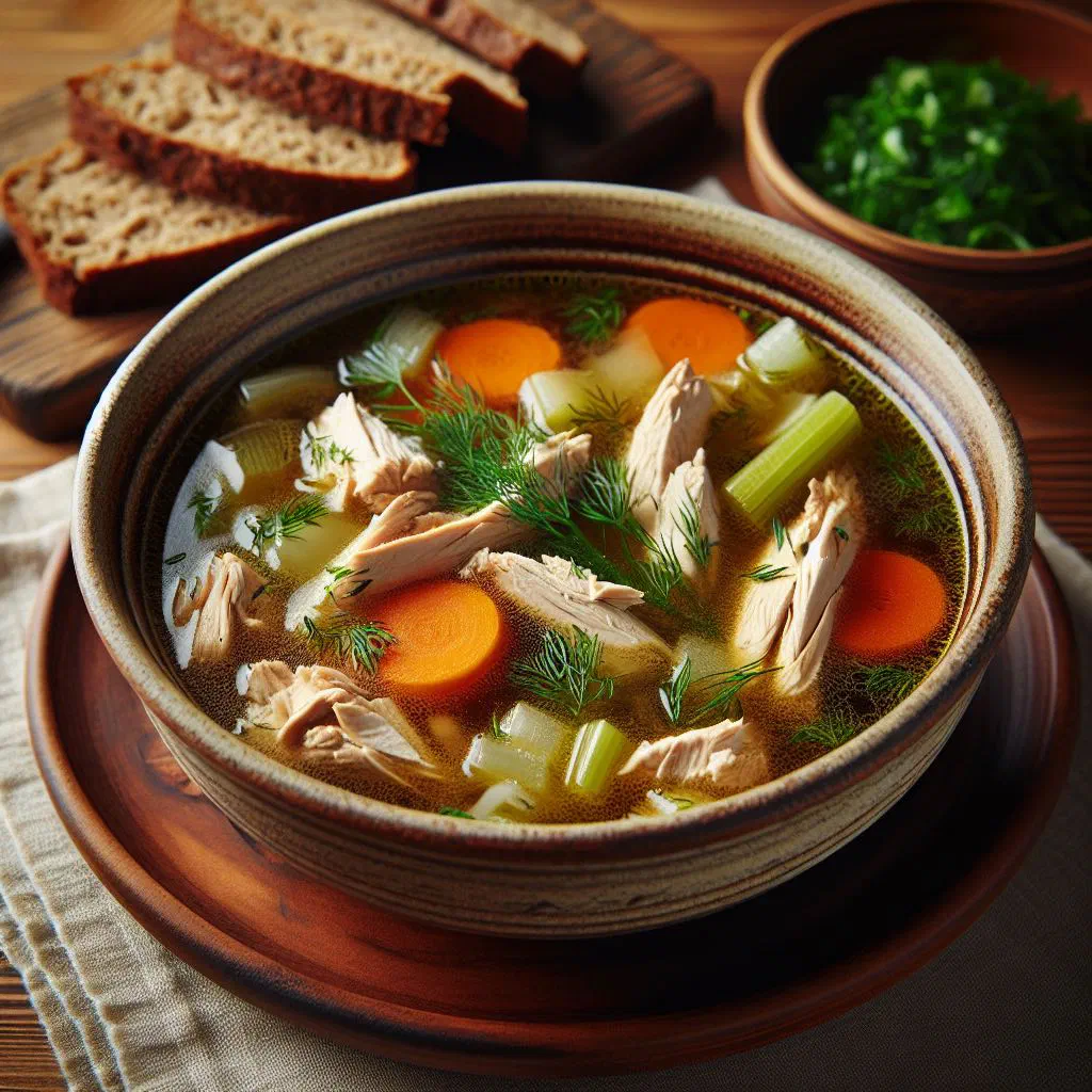 Bowl of Surinamese kippensoep with chicken, carrots and fresh parsley