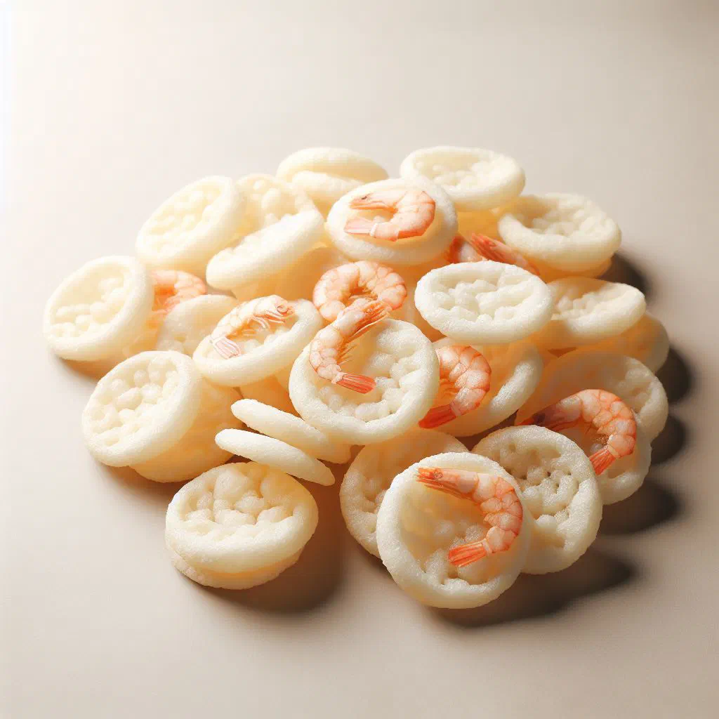 Golden, crispy kroepoek crackers piled on a plate with dips