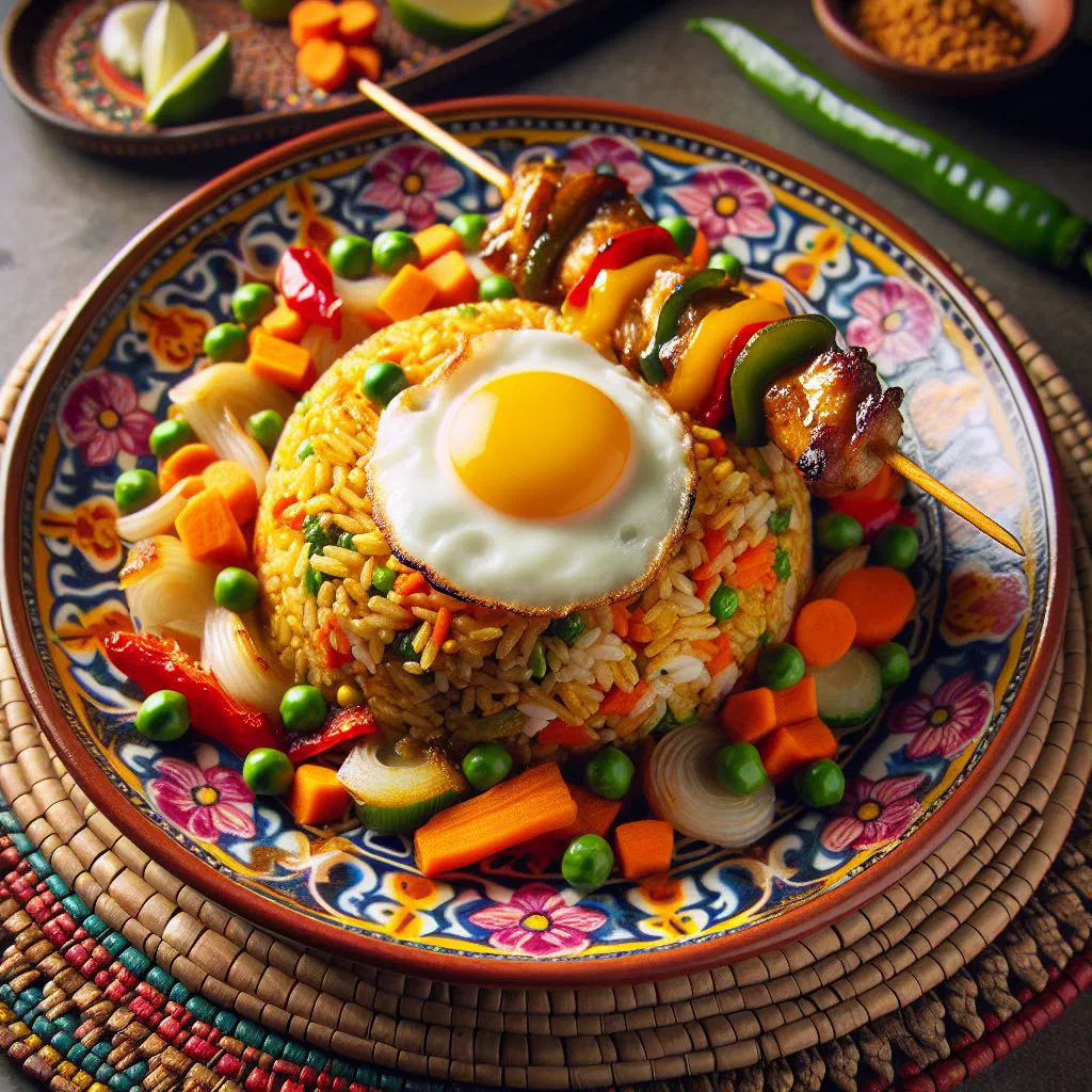 Surinamese nasi goreng fried rice with vegetables and a fried egg on top