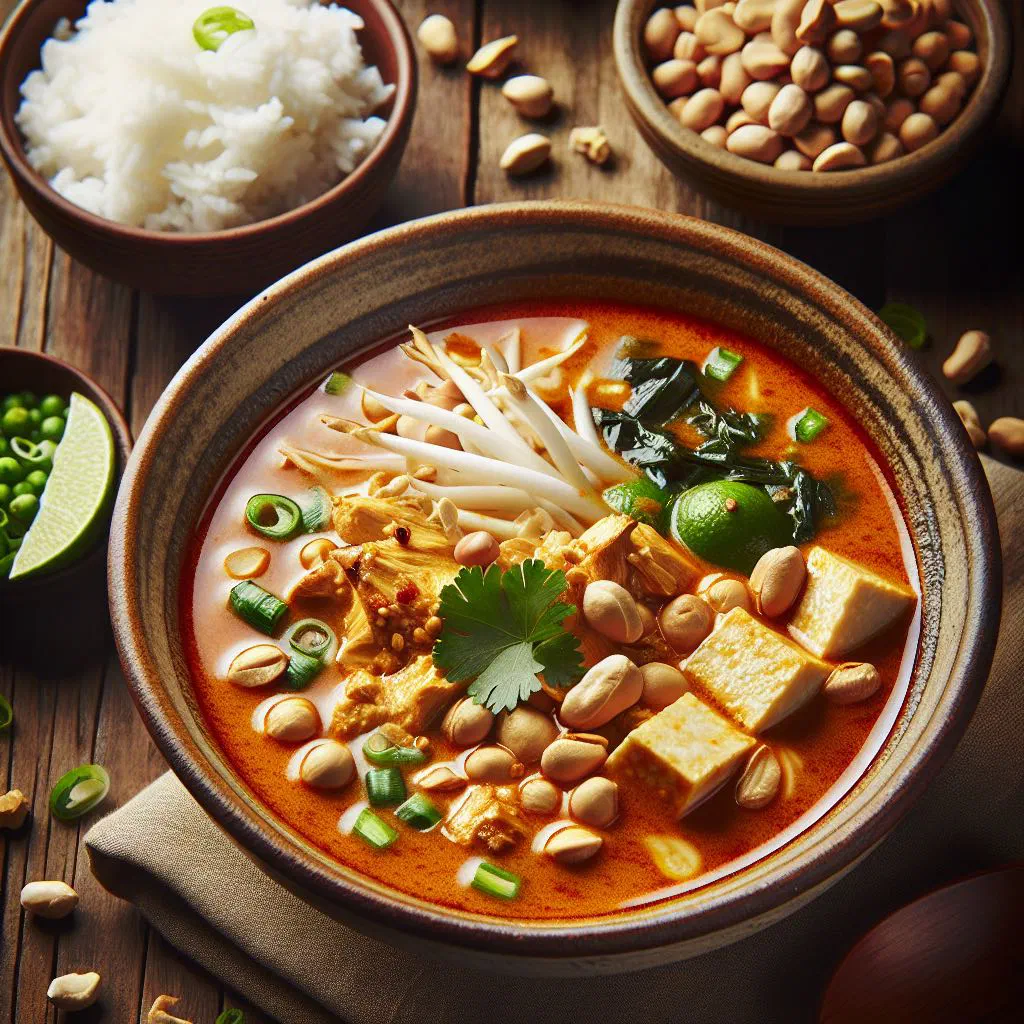 Bowl of creamy Surinamese peanut soup garnished with fresh coriander