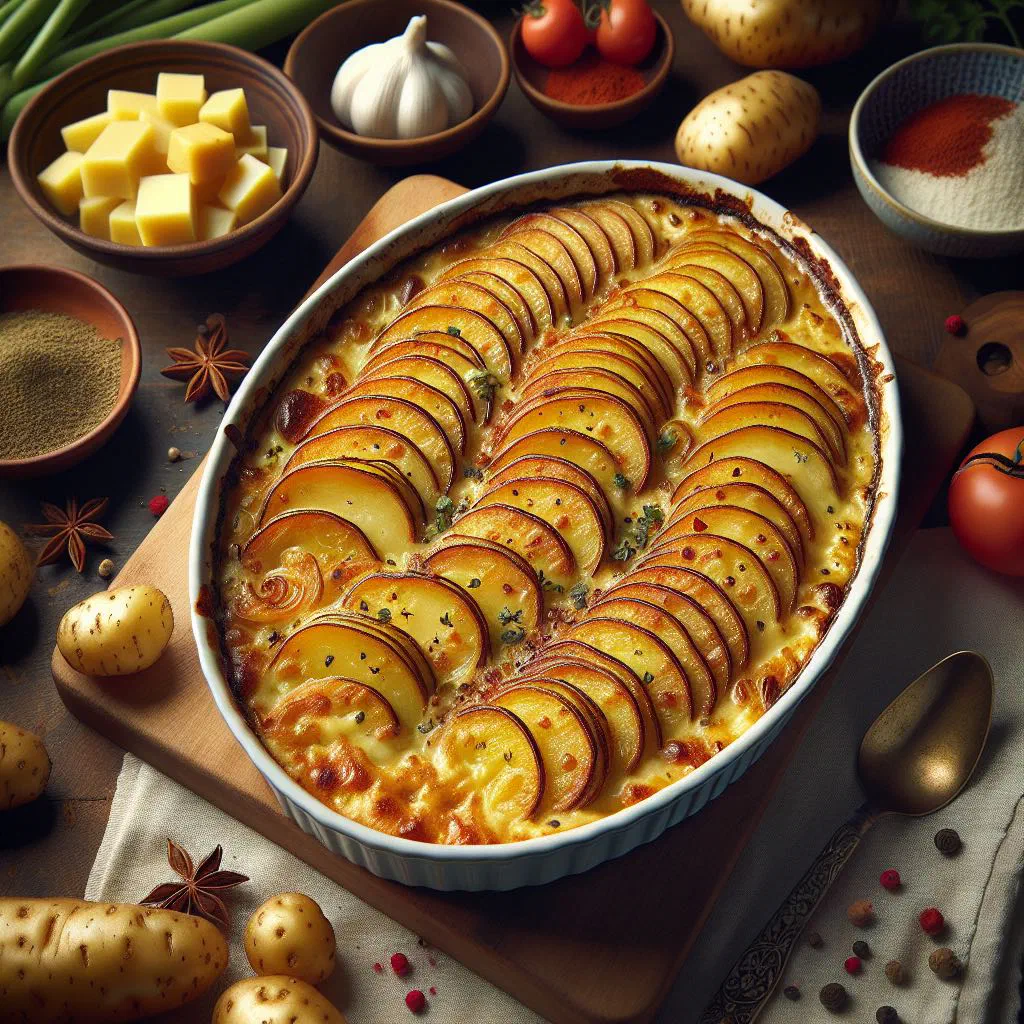 Golden baked pomtajer gratin in a dish, topped with a melted cheese crust