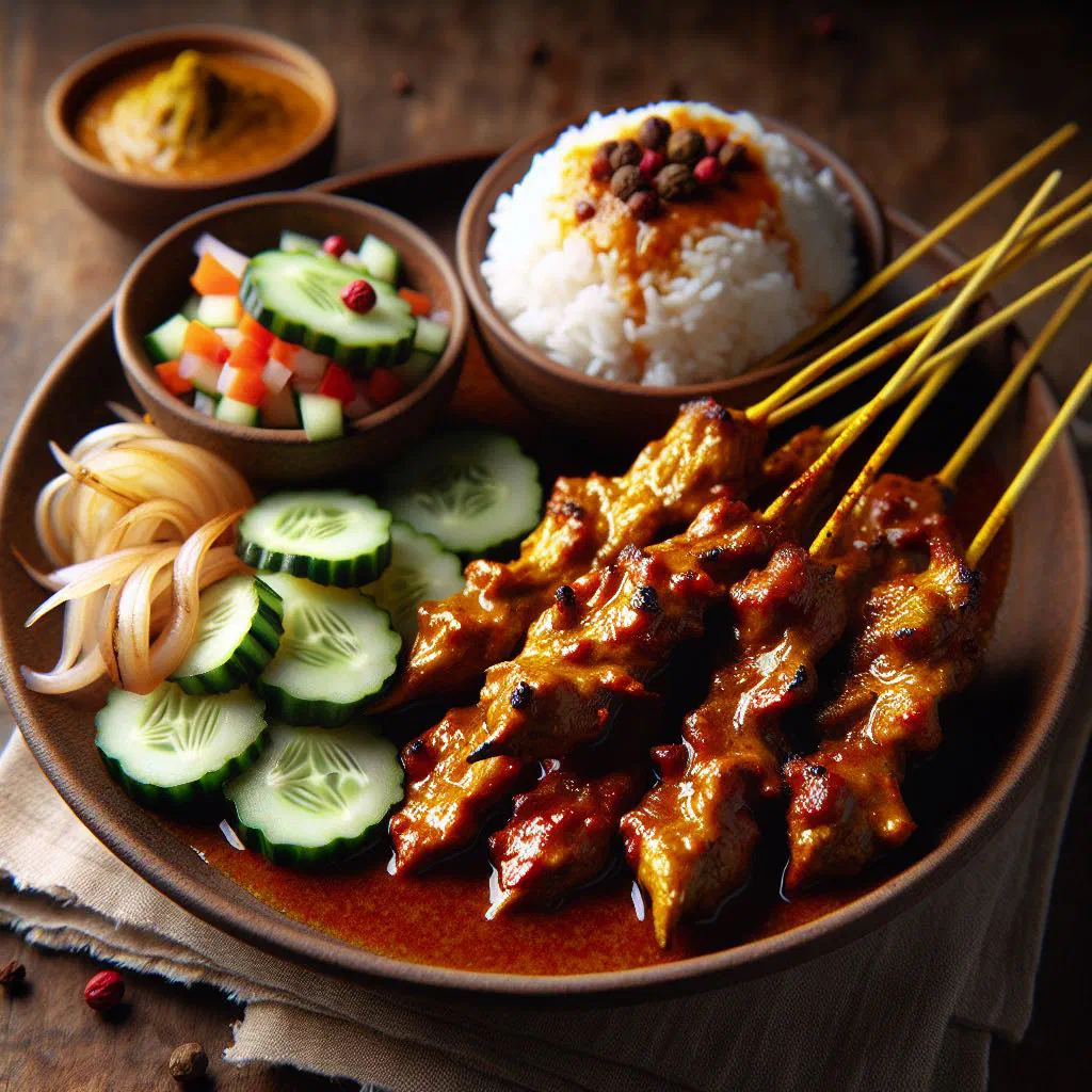 Grilled chicken satay skewers served with a bowl of peanut sauce