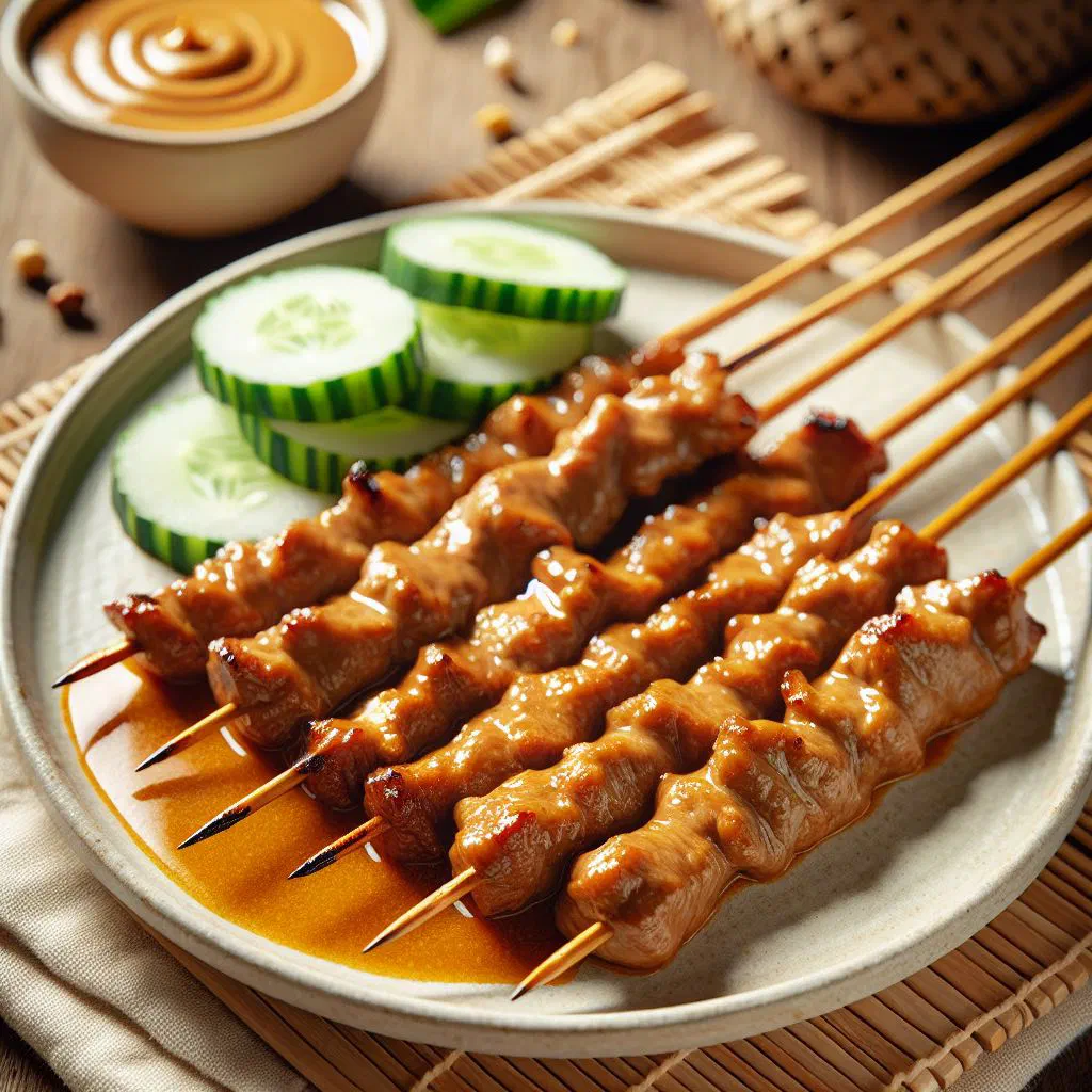 Grilled satay skewers served with a bowl of spicy peanut sauce