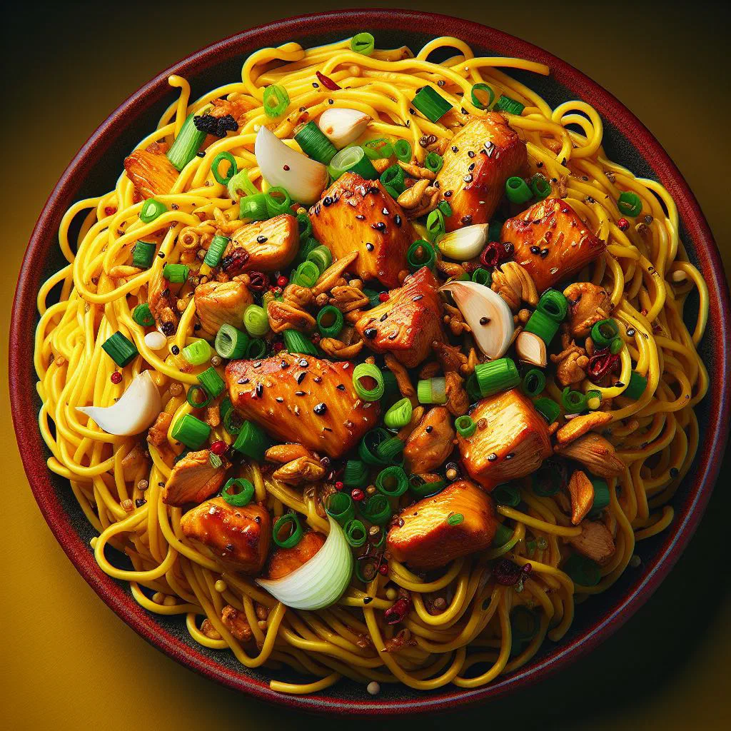 Surinamese bami noodles with chicken, vegetables and spring onions
