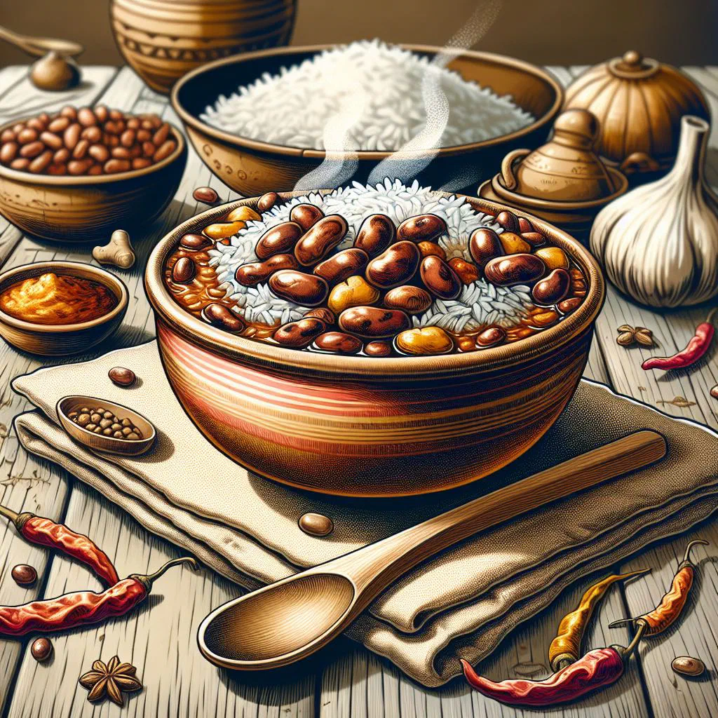 Bowl of Surinamese brown beans served with steamed white rice and fresh coriander