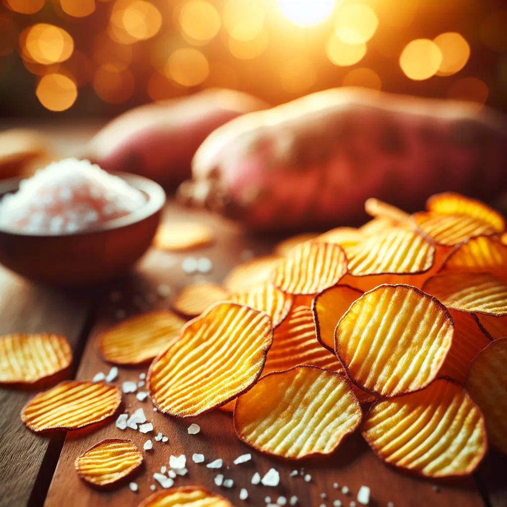Golden crisp cassava chips piled in a bowl with a sprinkle of salt