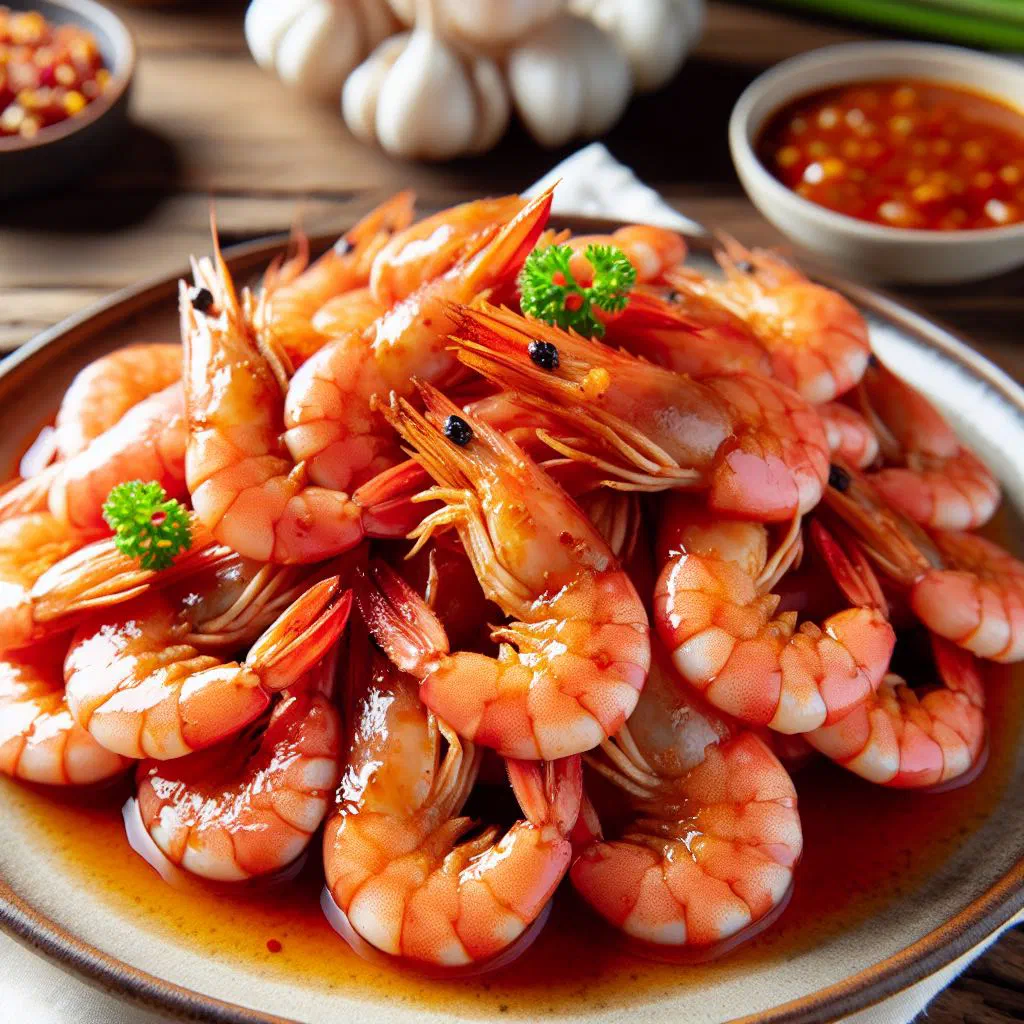 Pan-fried Surinamese prawns with peppers, onion and lime wedges