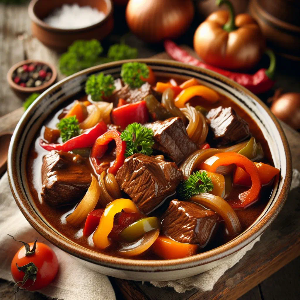 Slowly braised Surinamese beef stew with rice and fresh coriander
