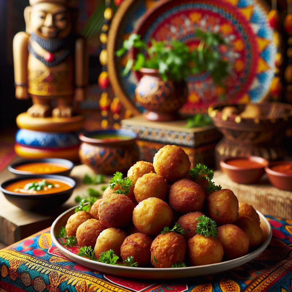 Golden fried Surinamese fish balls served with lemon wedges and fresh herbs