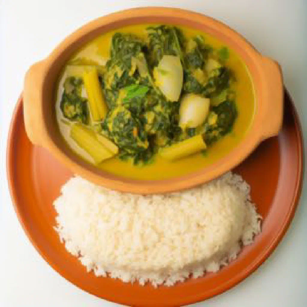 Braised tayer leaves with onion and turmeric served in a bowl