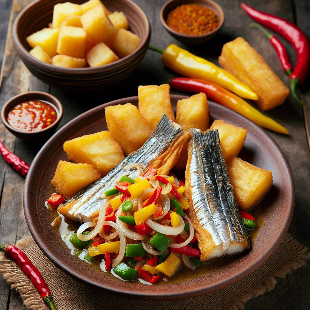Golden fried cassava and banana slices served with flaked salted fish