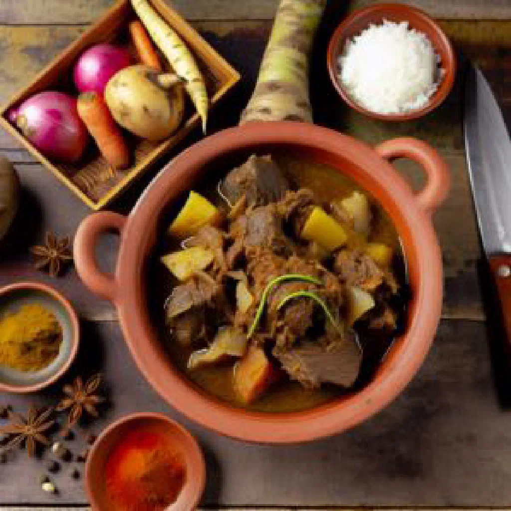 Surinamese watrabak stoba stew with tender meat, potatoes and vegetables in a deep bowl