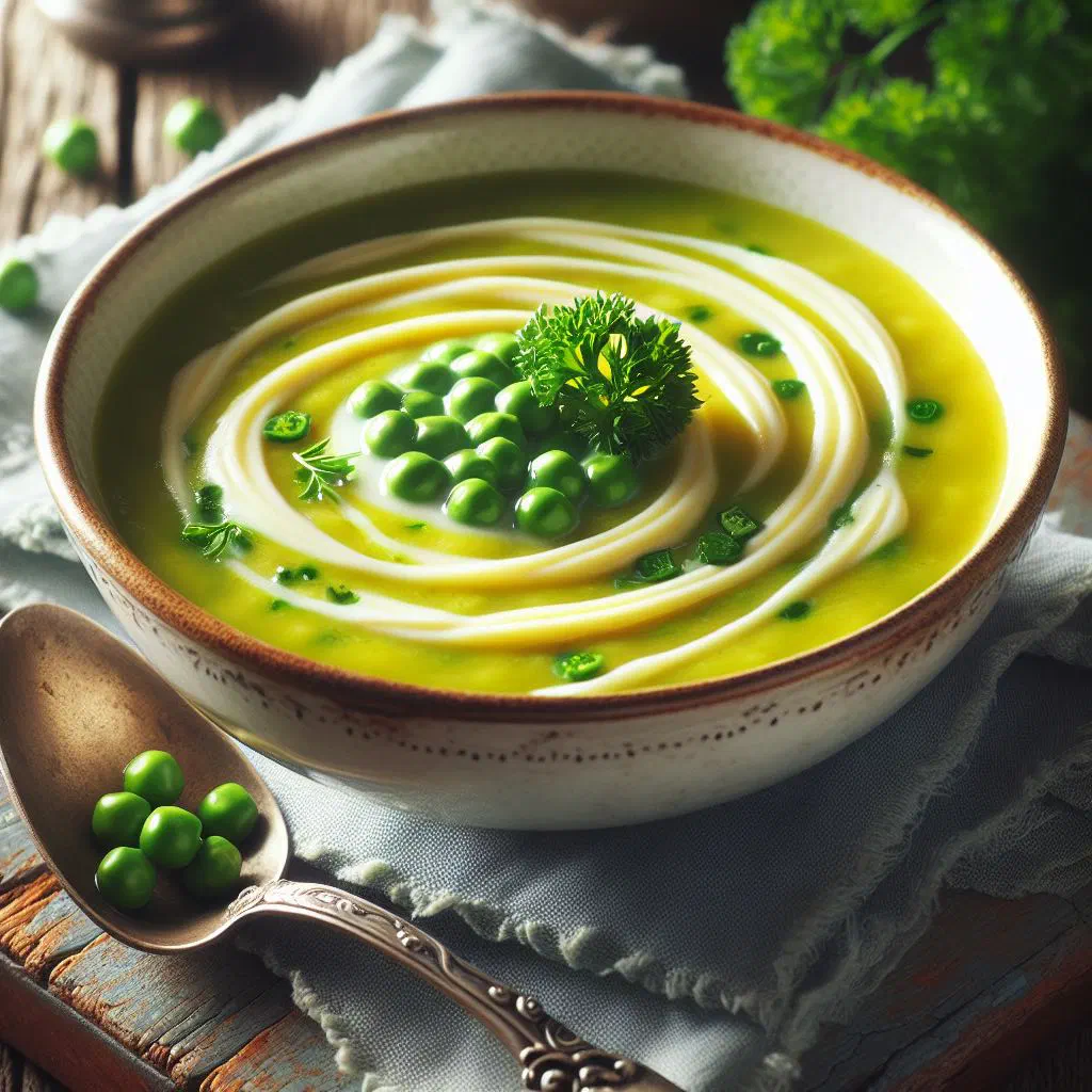 Bowl of creamy Surinamese yellow pea soup garnished with fresh parsley