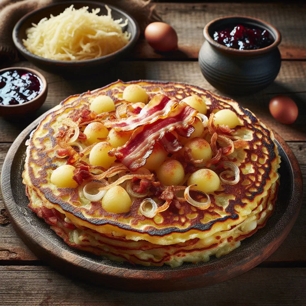 Golden fluffy Swedish äggakaka served with bacon and lingonberry jam