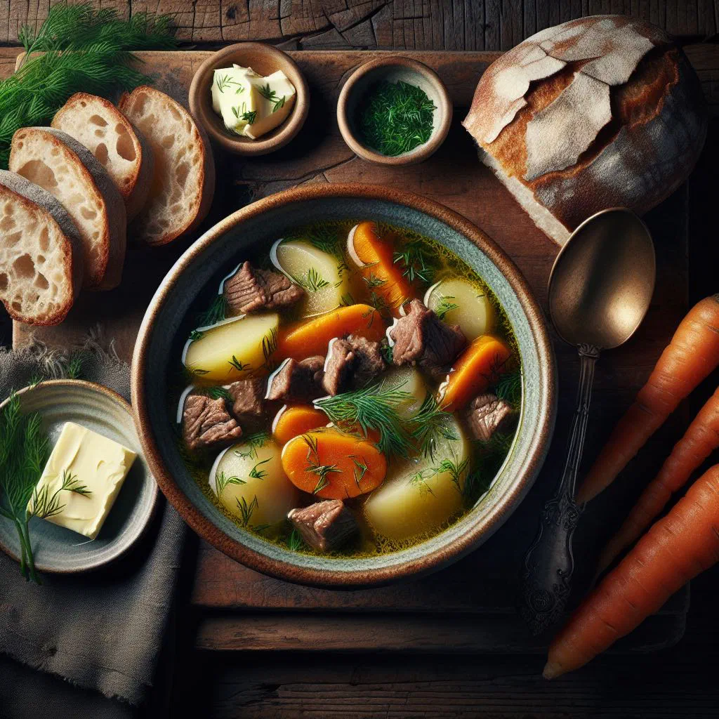 A rustic bowl of Swedish beef soup with carrots, potato and herbs