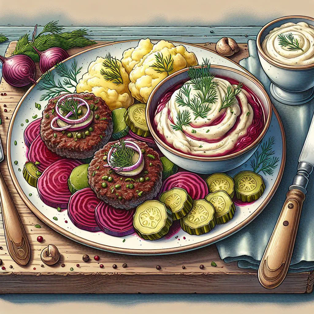 Pan-fried Biff à la Lindström beef patties flecked with beetroot