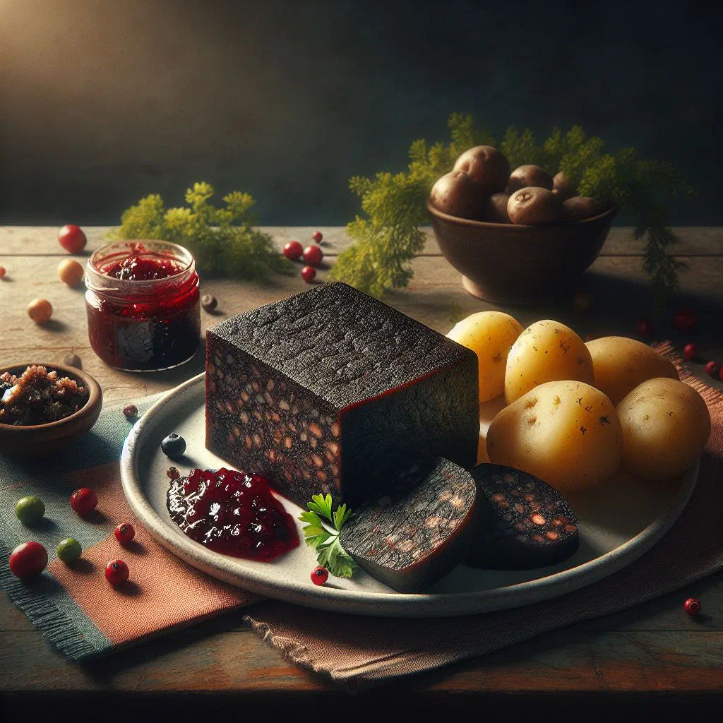 Sliced blood pudding fried until crisp, served on a rustic plate