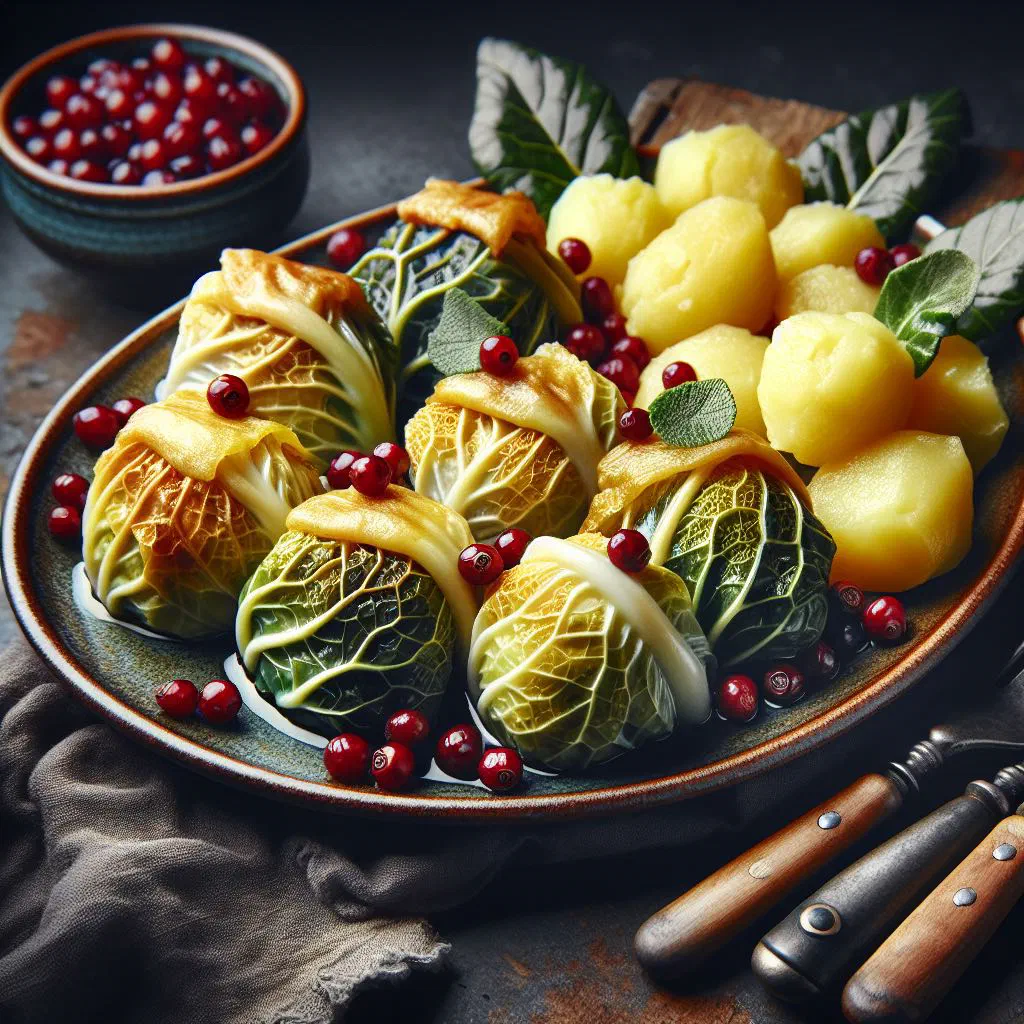 Swedish kåldolmar cabbage rolls in tomato sauce garnished with fresh herbs