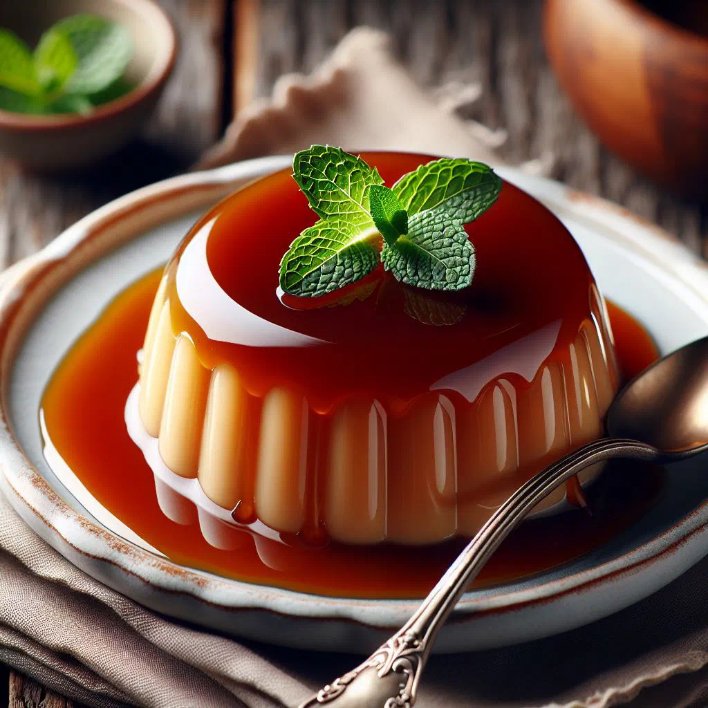 Swedish caramel pudding turned out onto a plate with golden caramel sauce