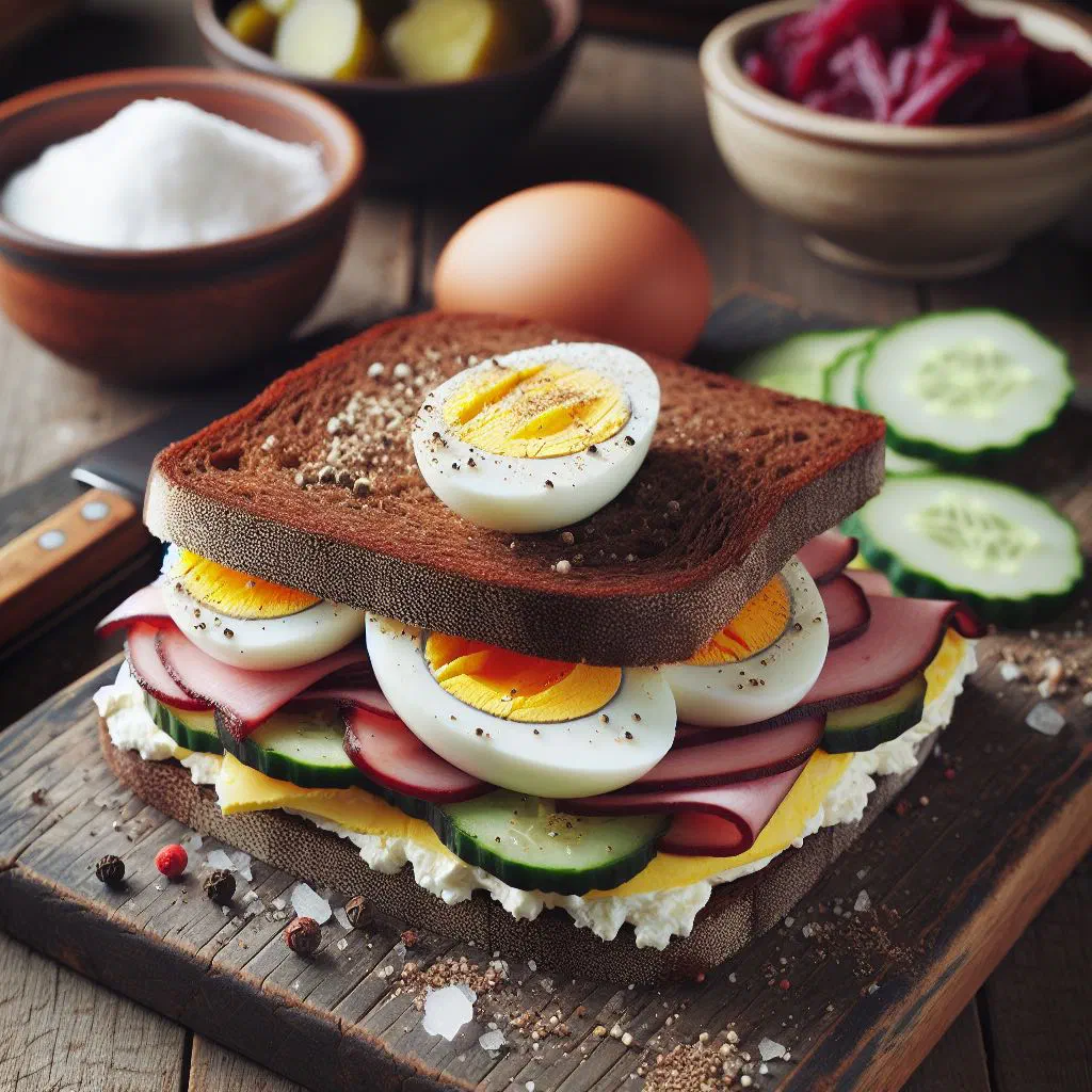 Swedish egg sandwich on rye bread topped with sliced egg and fresh dill