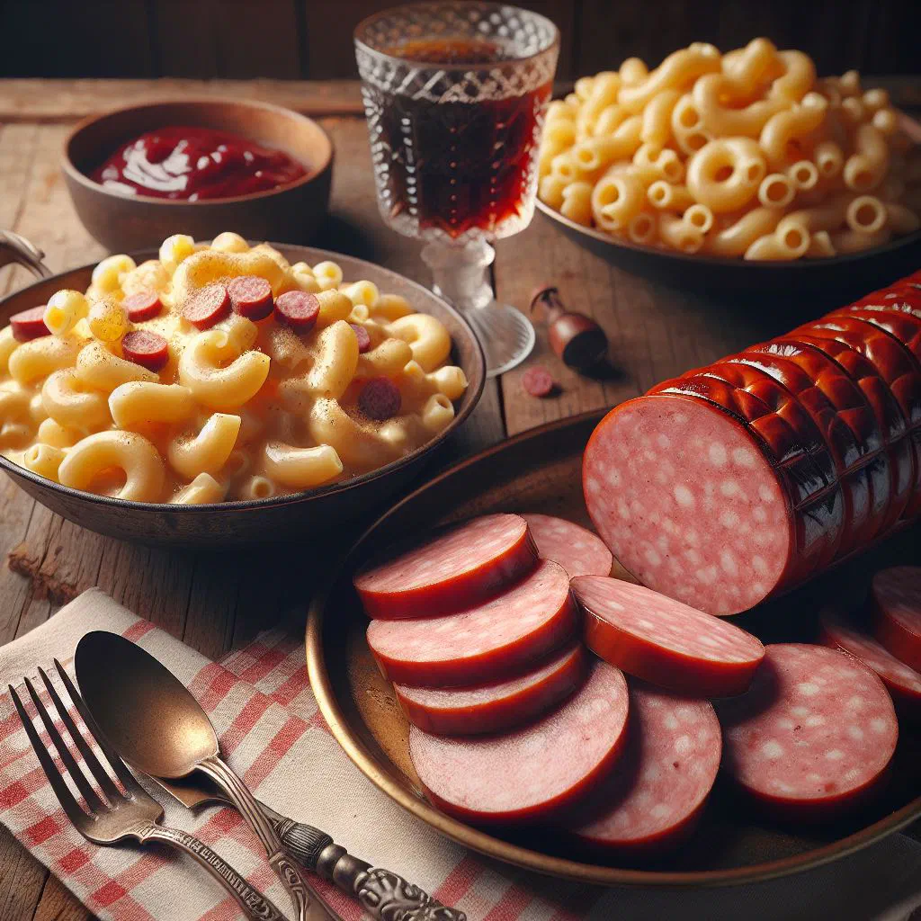 Sliced fried falukorv sausage over creamy stewed macaroni on a plate
