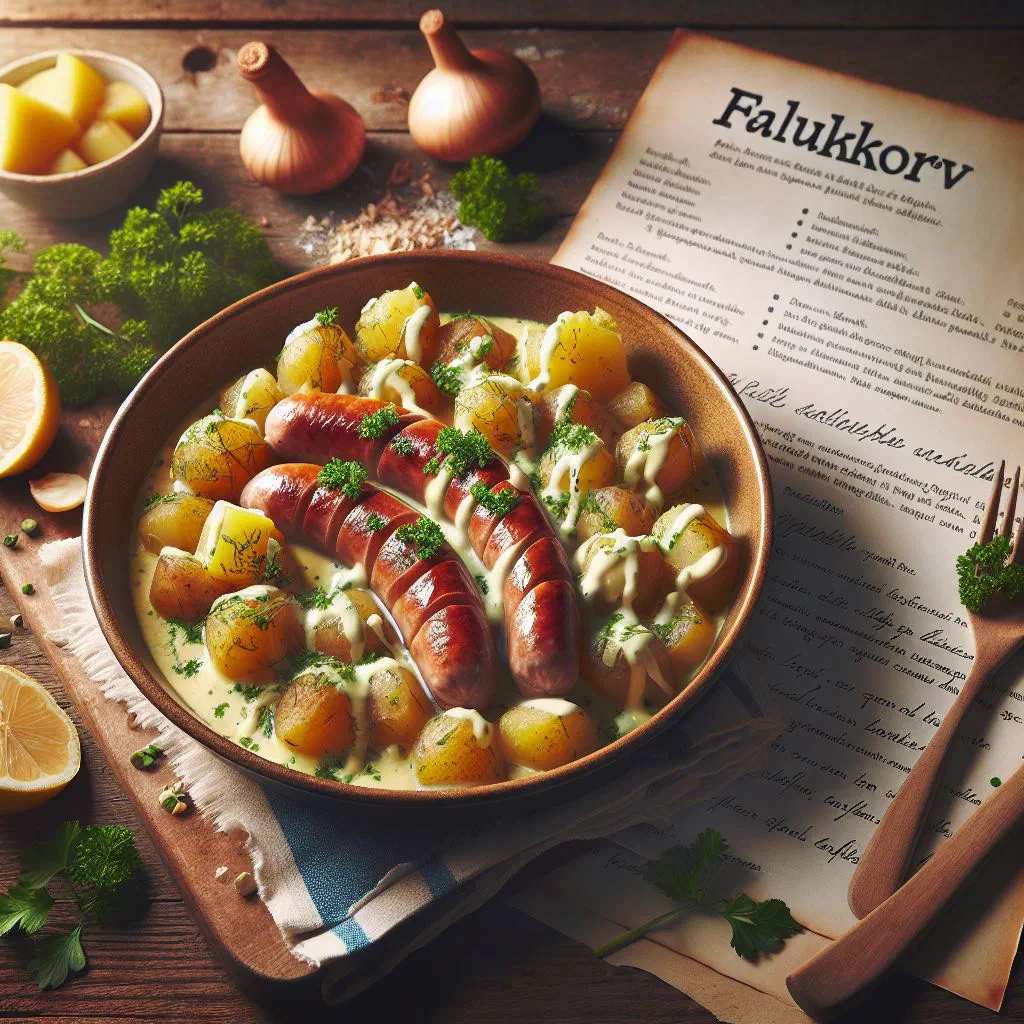 Sliced falukorv baked with potatoes, cream and melted cheese