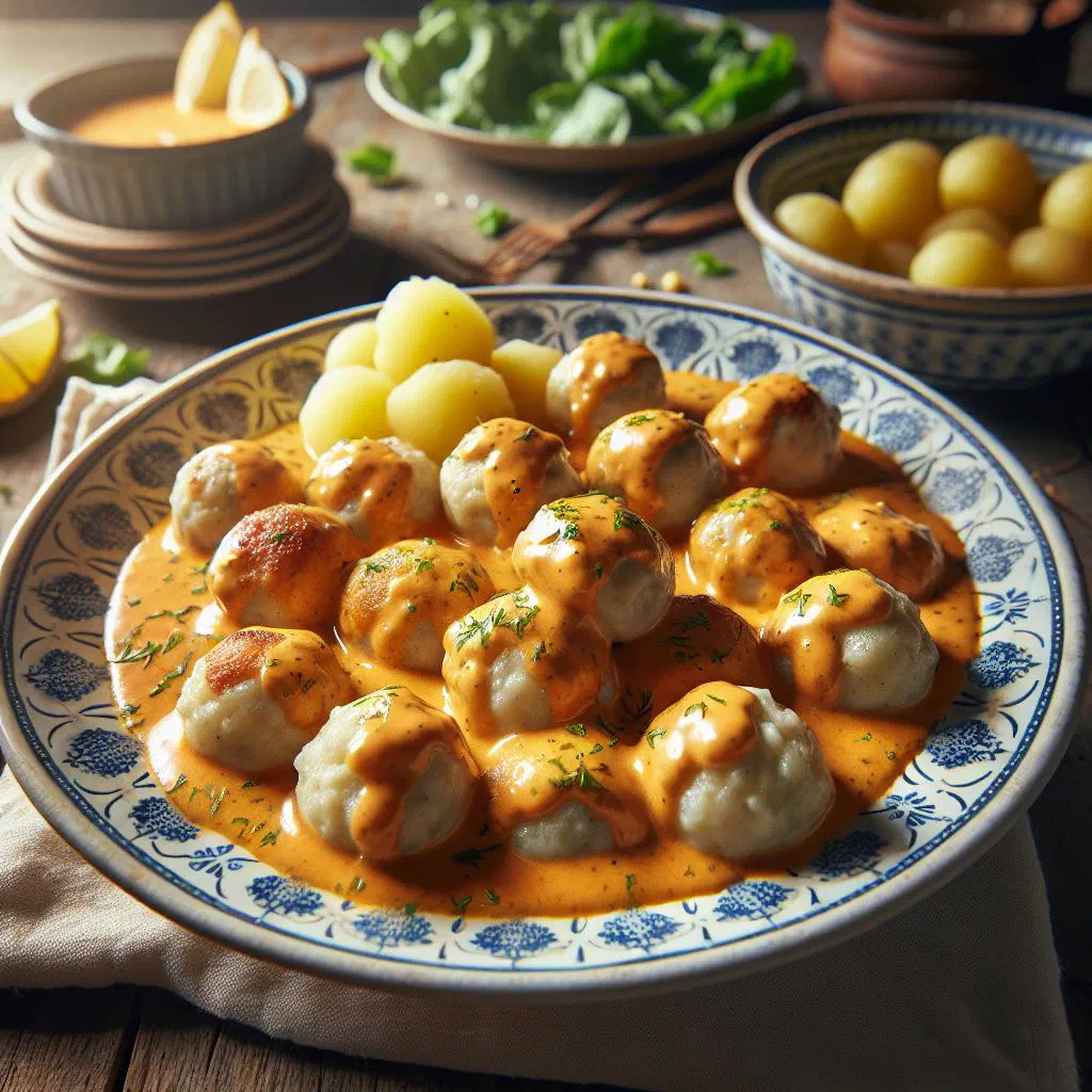 Swedish fish balls in creamy lobster sauce garnished with fresh dill