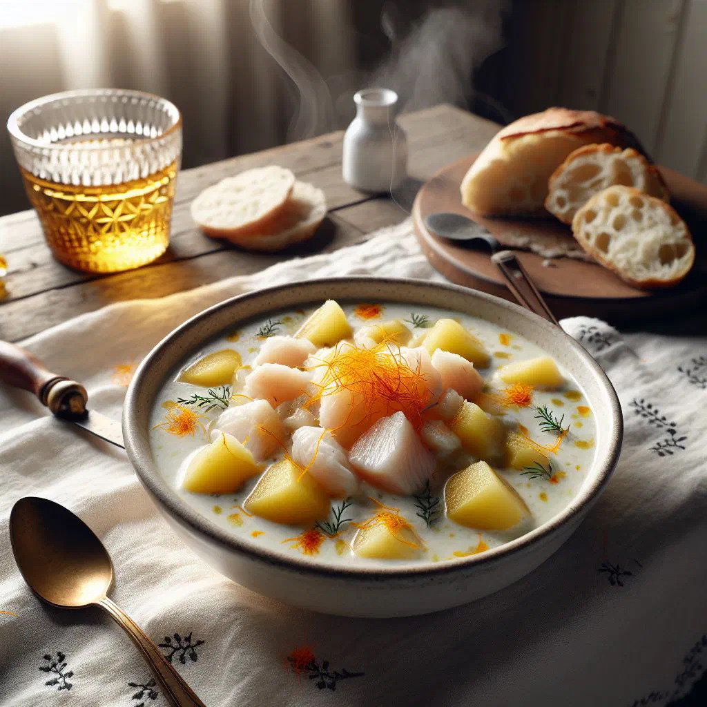 Creamy Swedish saffron fish soup garnished with fresh dill