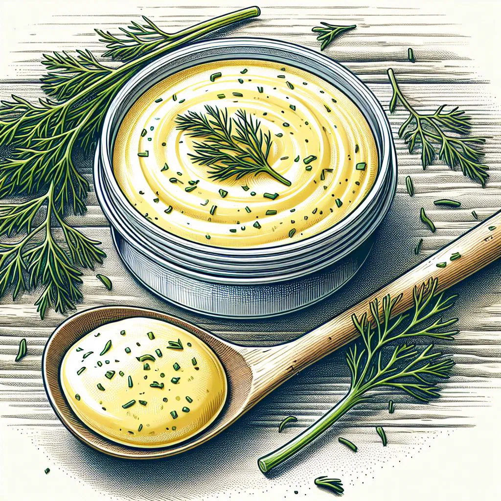 Creamy Swedish mustard and dill sauce in a small bowl, garnished with fresh dill