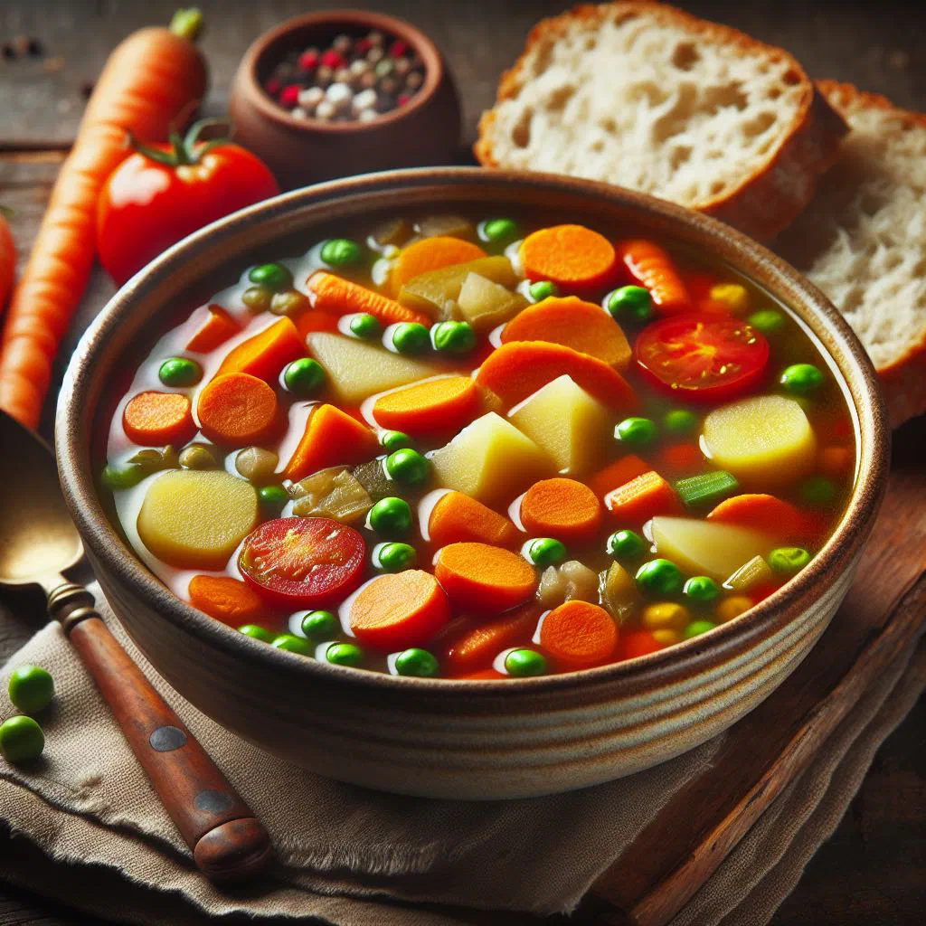 A bowl of Swedish vegetable soup garnished with fresh herbs
