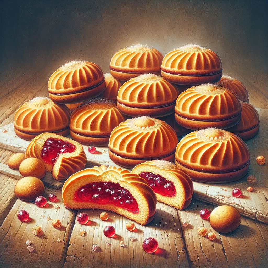 Swedish hallongrottor cookies with raspberry jam filling dusted with icing sugar