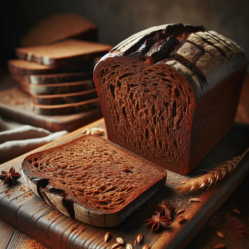 Sliced dark Swedish kavring rye bread on a wooden board