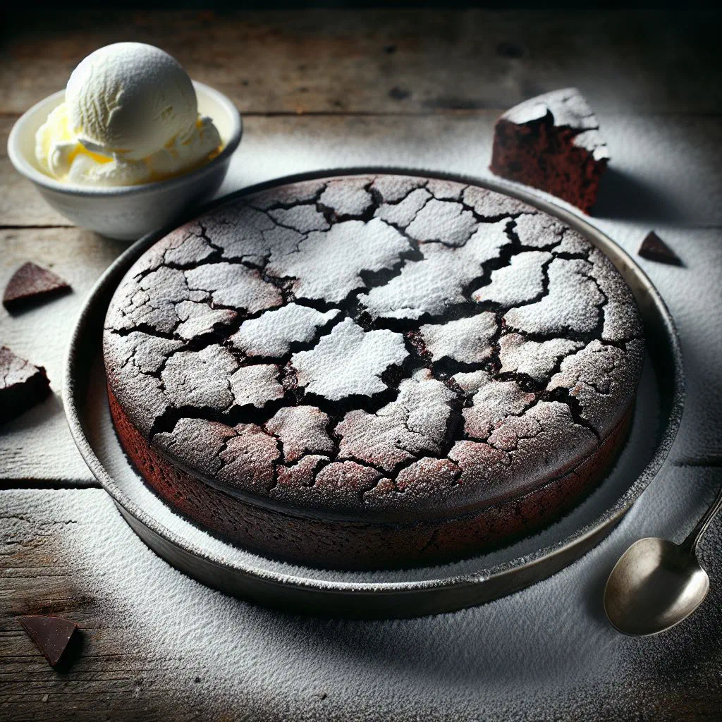 Gooey Swedish kladdkaka chocolate cake dusted with icing sugar