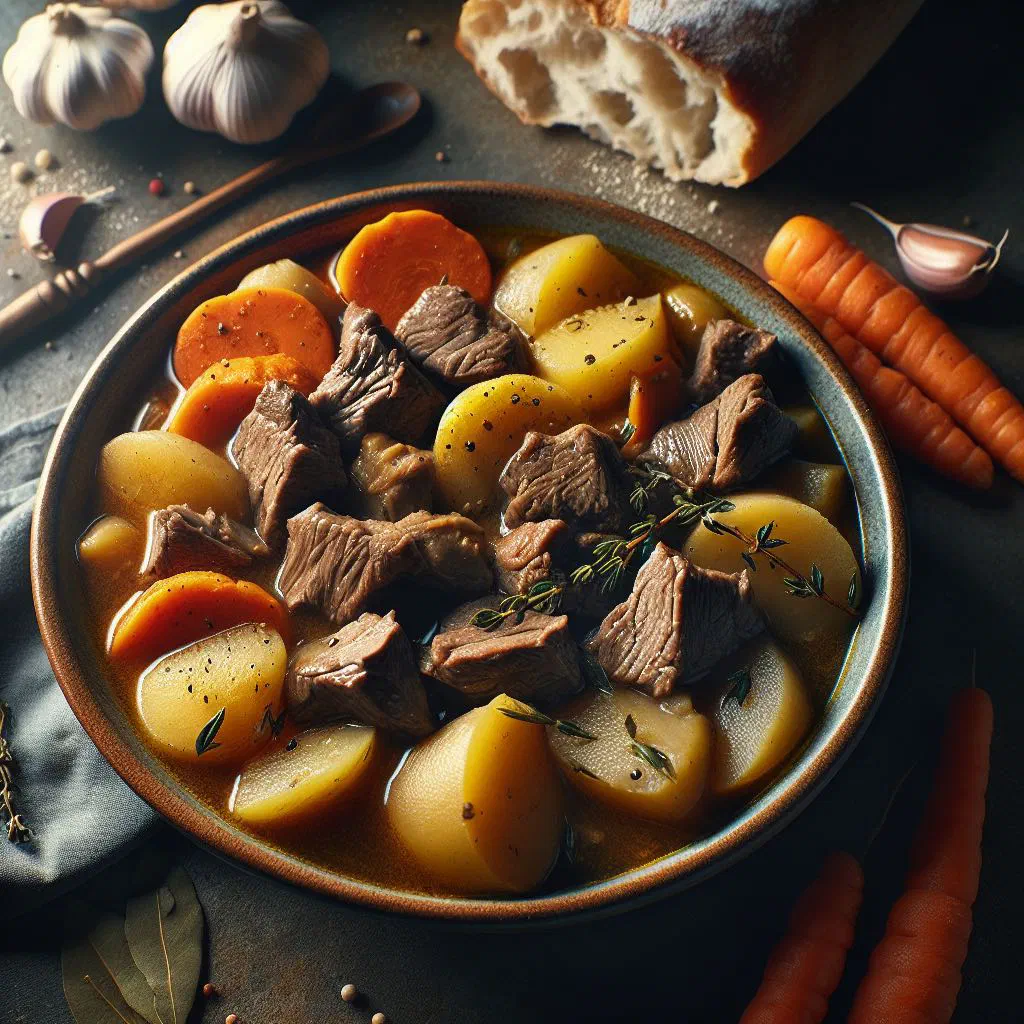 A rustic bowl of Swedish köttgryta beef and vegetable stew