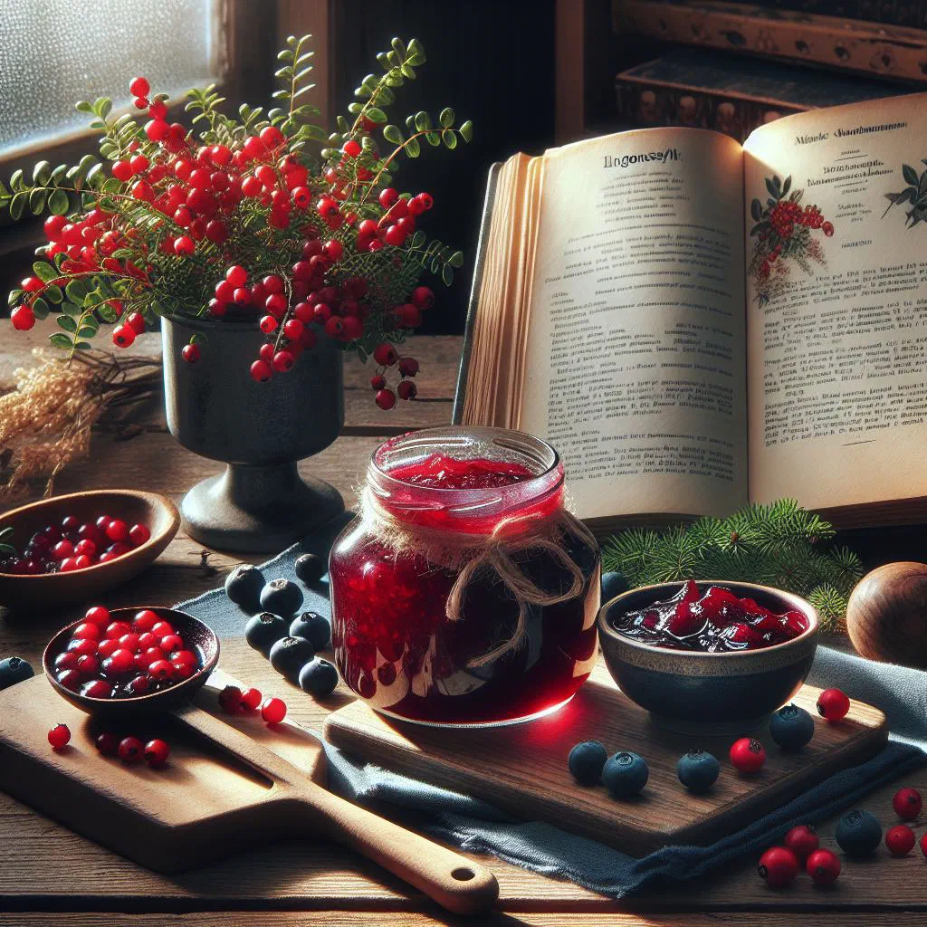 A jar of ruby-red Swedish lingonberry jam with a spoon