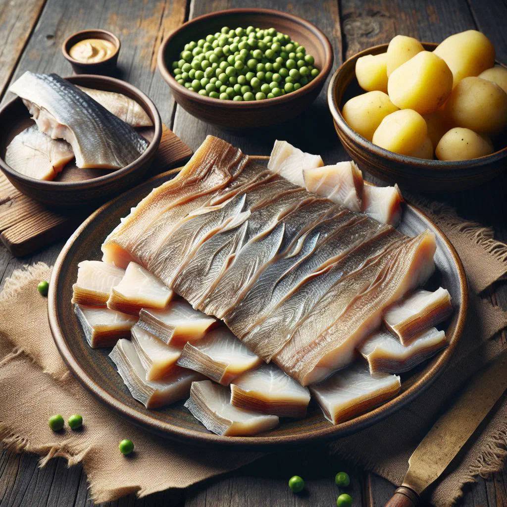Poached lutfisk served with boiled potatoes, pea purée and white sauce