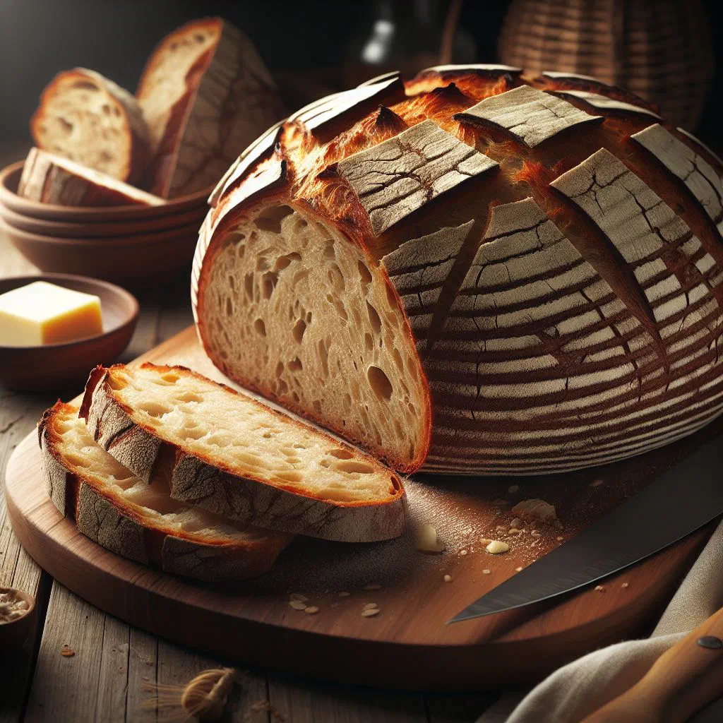 Rustic loaf of Swedish Ölandsbröd rye bread on a wooden board